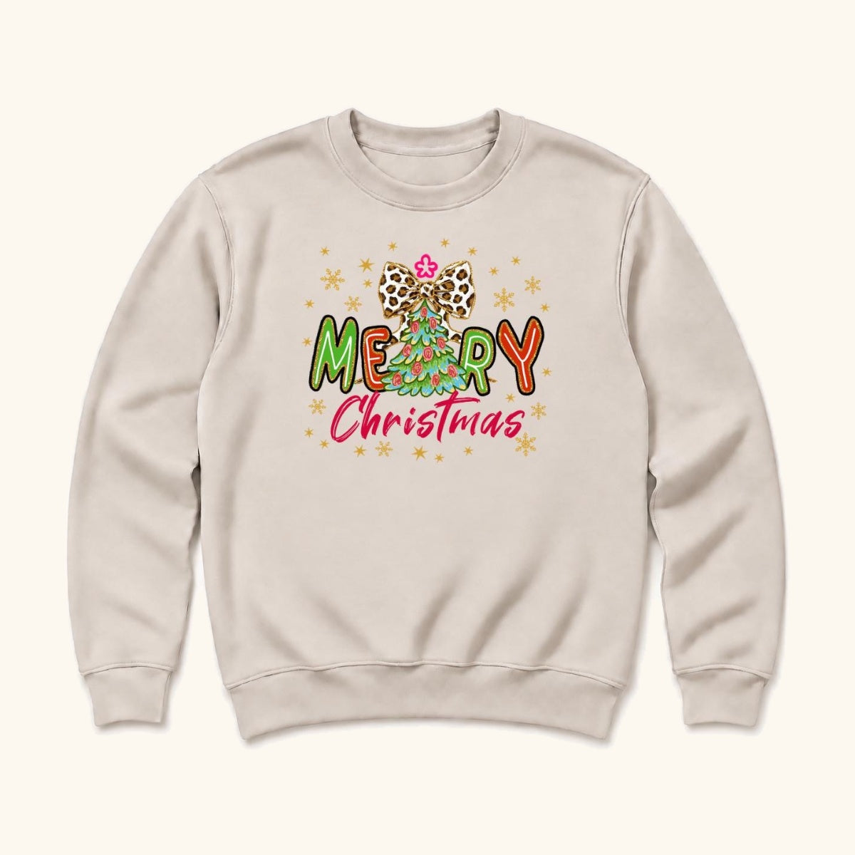 Merry Christmas Tree and Leopard Bow — garment mockup or size chart