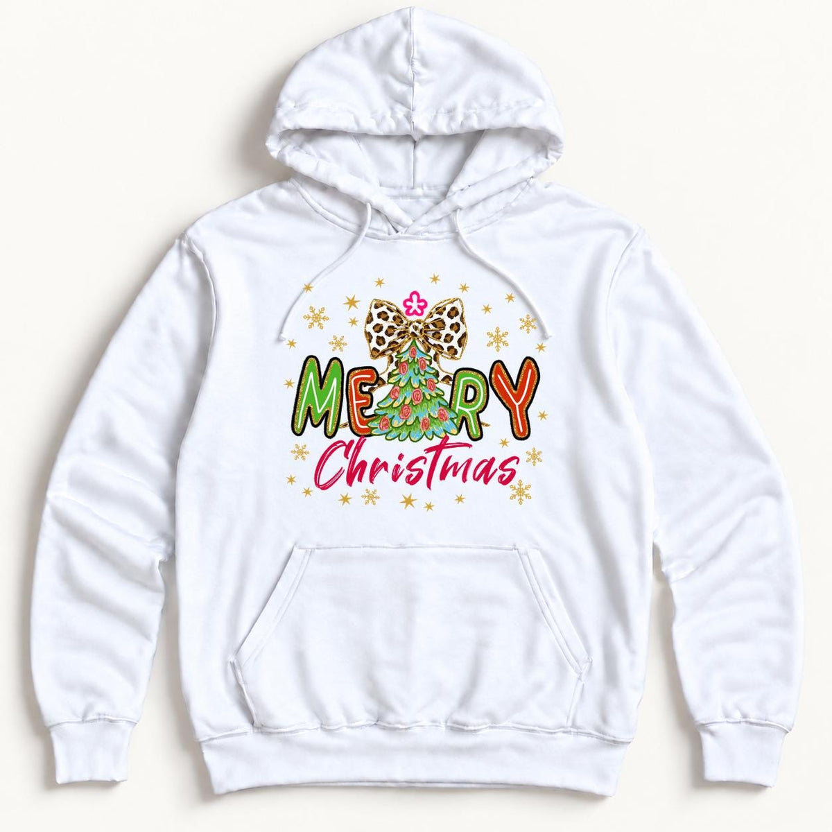 Merry Christmas Tree and Leopard Bow — garment mockup or size chart