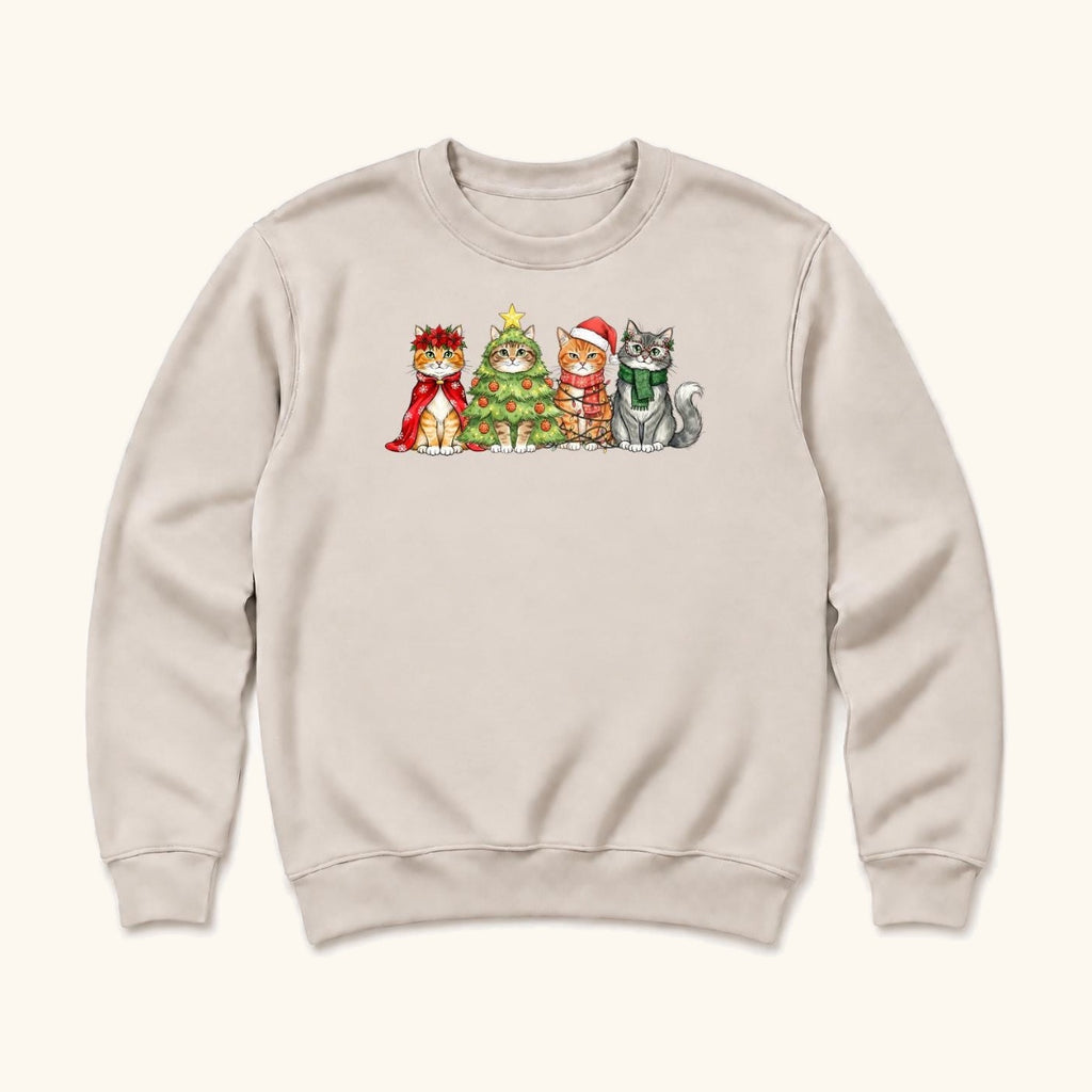 Four Christmas Cats — Christmas Tree Costume and Holiday Lights Cat Graphic — garment mockup or size chart