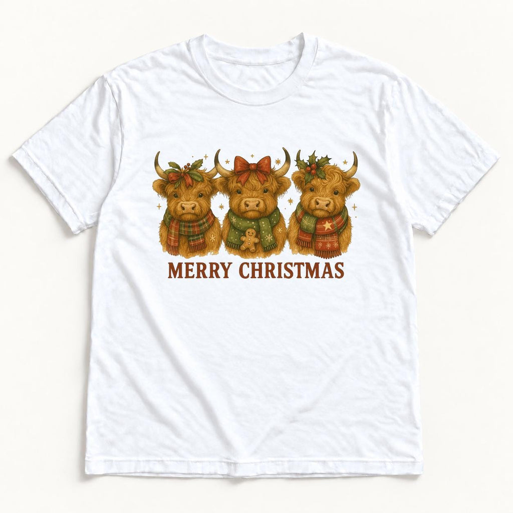 Merry Christmas Highland Cow — garment mockup or size chart