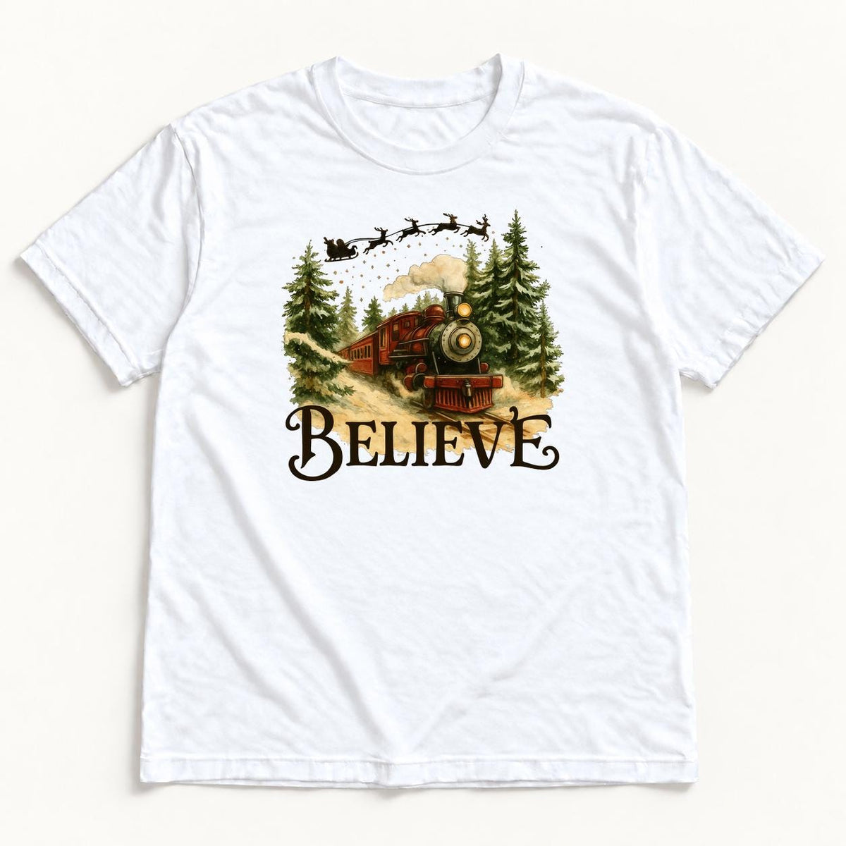 Believe Christmas Train — garment mockup or size chart