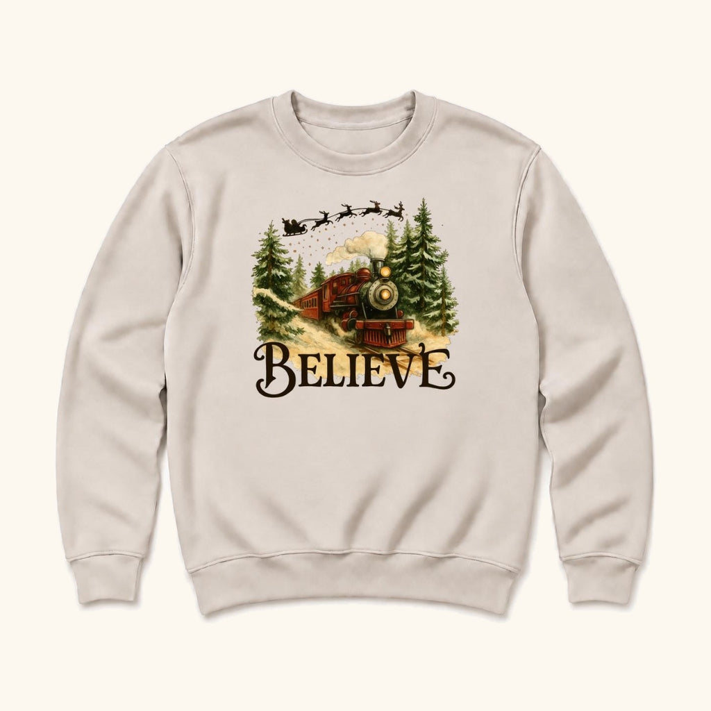 Believe Christmas Train — garment mockup or size chart