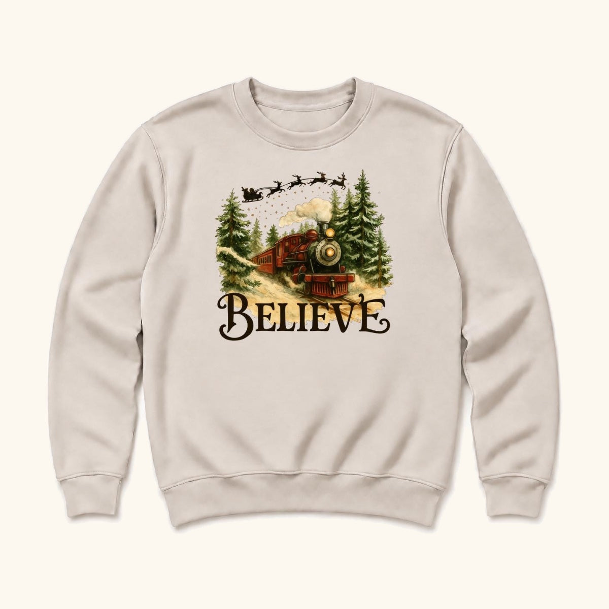 Believe Christmas Train — garment mockup or size chart