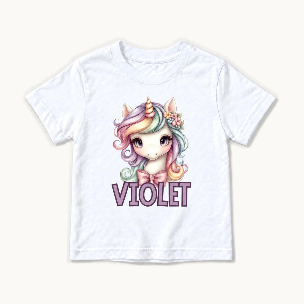 Personalized Unicorn — Pastel Rainbow Mane and Pink Bow — garment mockup or size chart