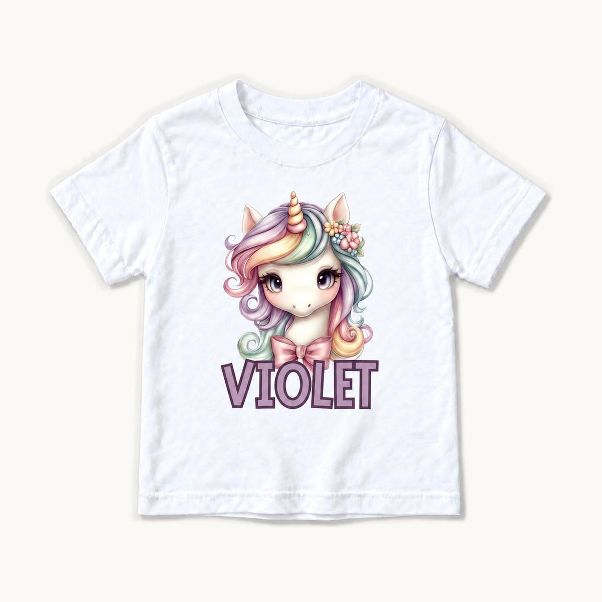 Personalized Unicorn — Pastel Rainbow Mane and Pink Bow — garment mockup or size chart