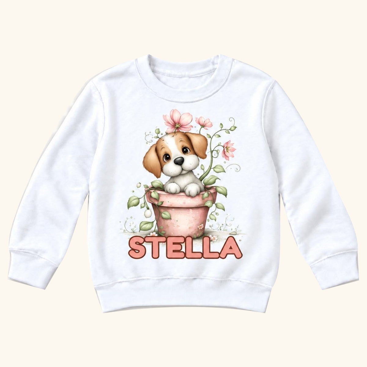 Personalized Puppy — Cute Beagle in Pink Flowerpot — garment mockup or size chart