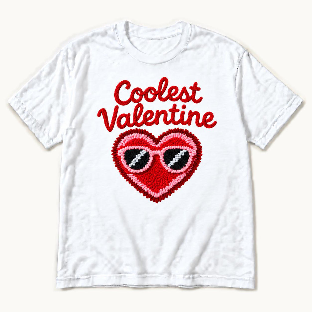 Coolest Valentine — Red Heart with Pink Sunglasses — garment mockup or size chart
