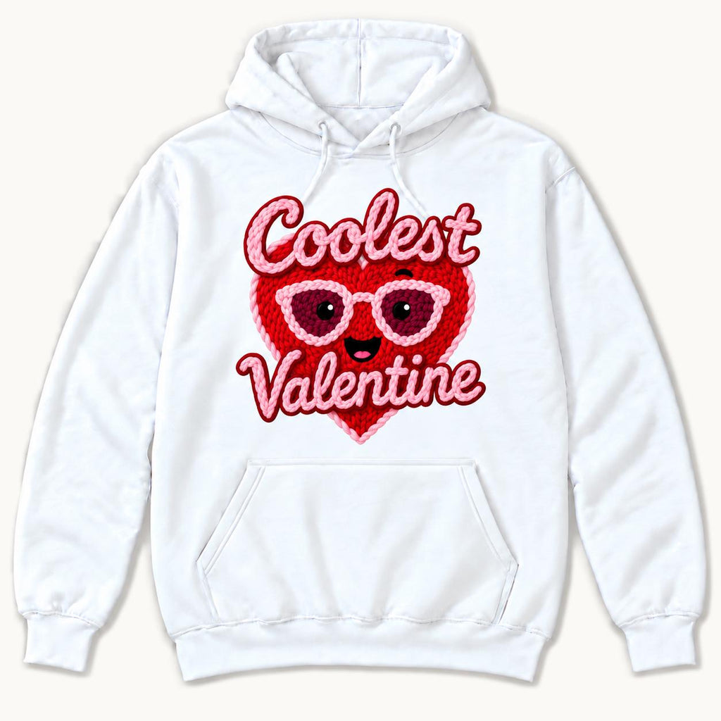 Coolest Valentine — Smiling Red Heart with Pink Glasses — garment mockup or size chart