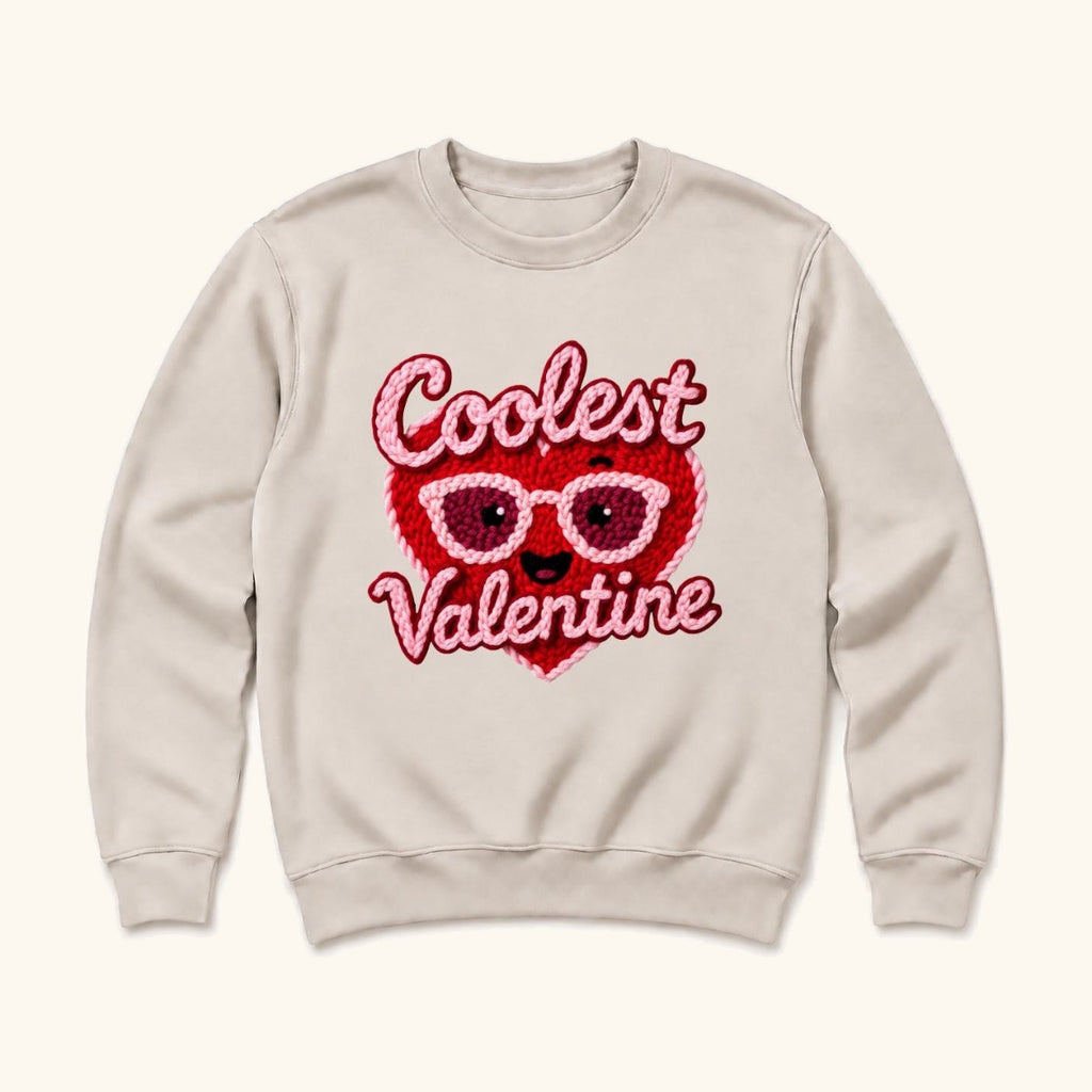 Coolest Valentine — Smiling Red Heart with Pink Glasses — garment mockup or size chart