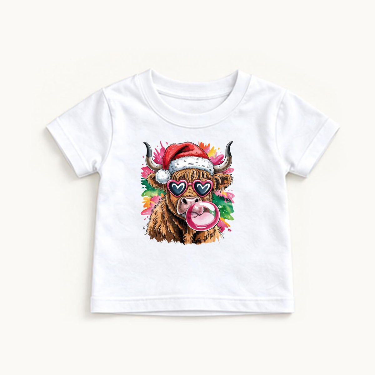 Highland Cow Christmas Bubblegum — garment mockup or size chart