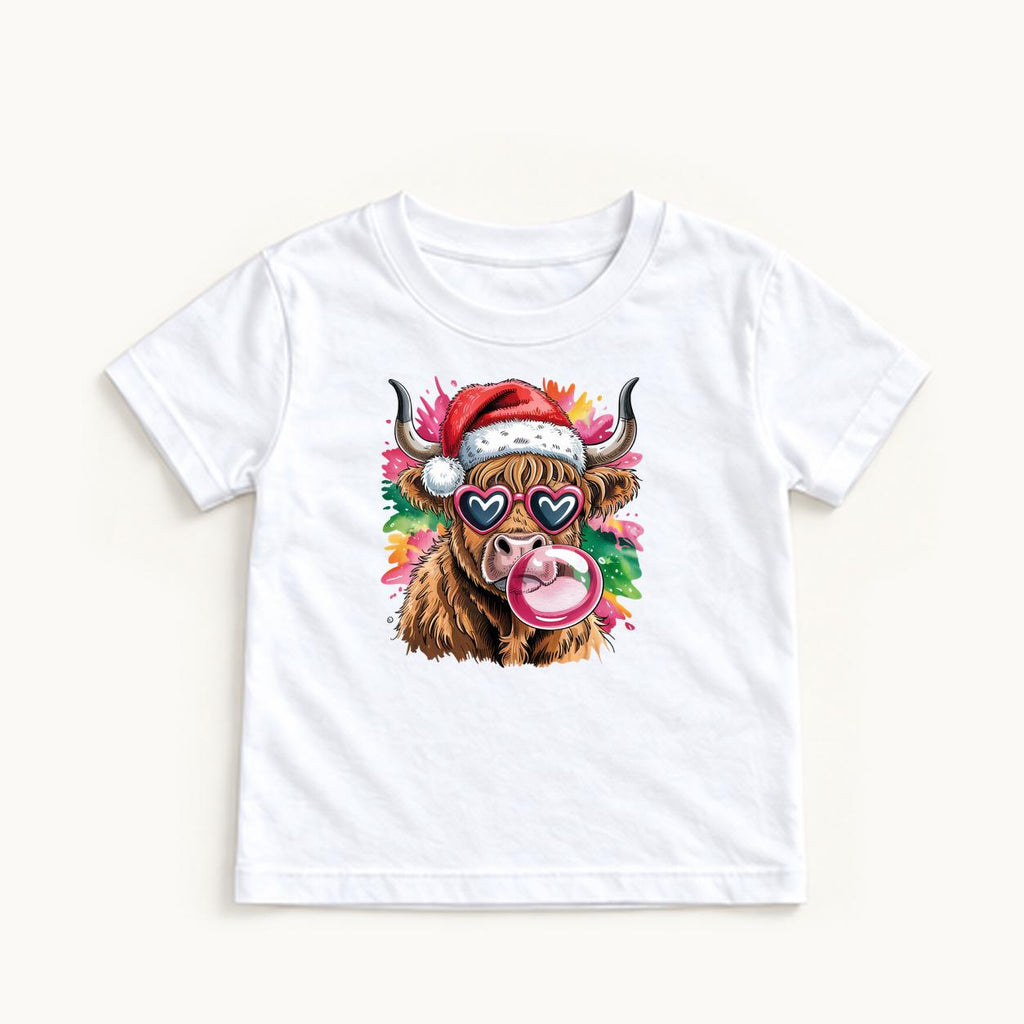 Highland Cow Christmas Bubblegum — garment mockup or size chart
