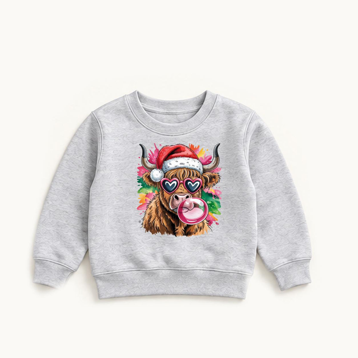 Highland Cow Christmas Bubblegum — garment mockup or size chart