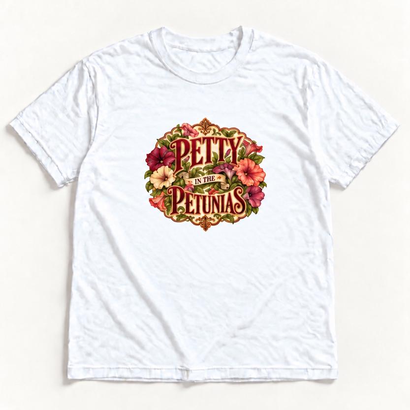 Petty in the Petunias — garment mockup or size chart