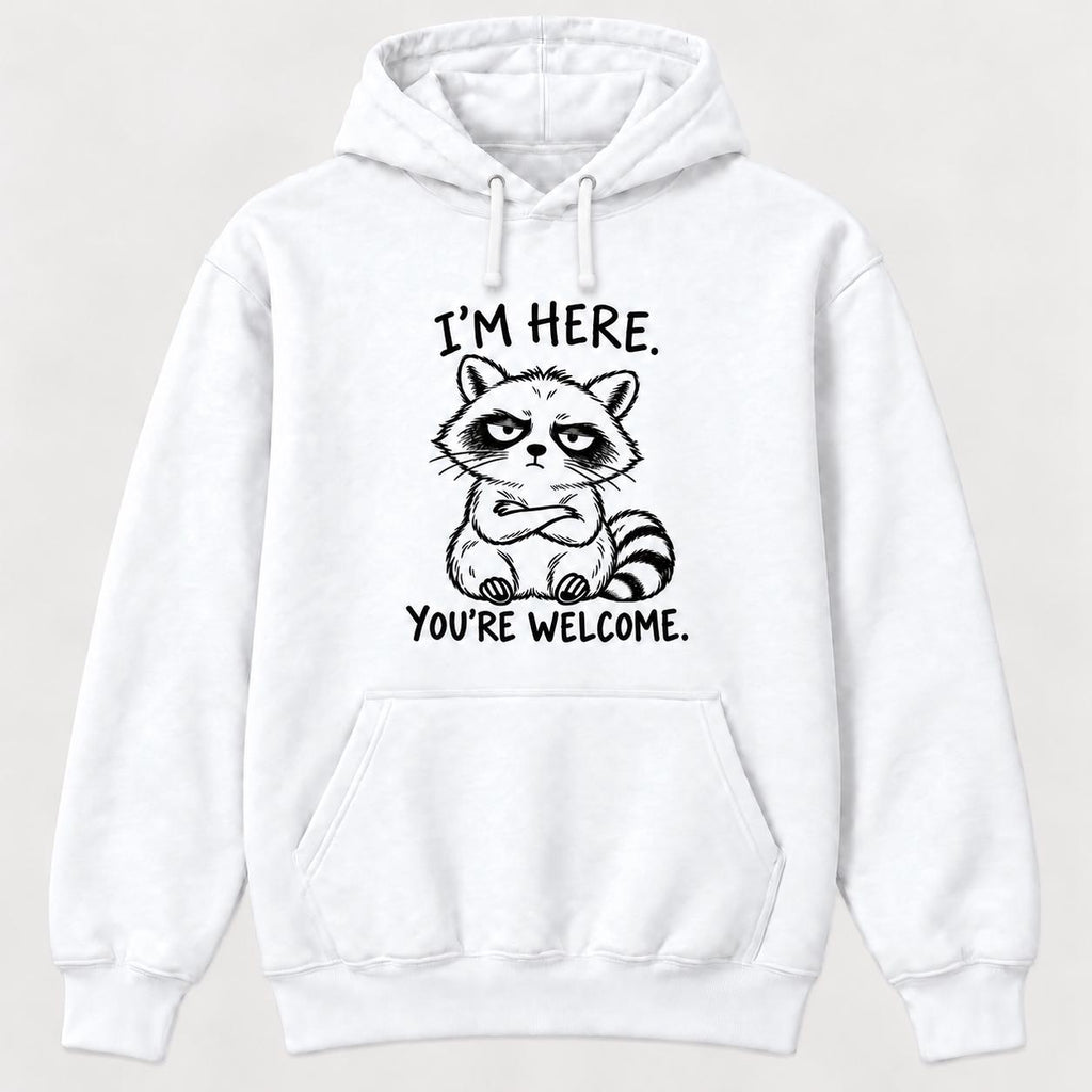 I'm Here You're Welcome Raccoon — garment mockup or size chart