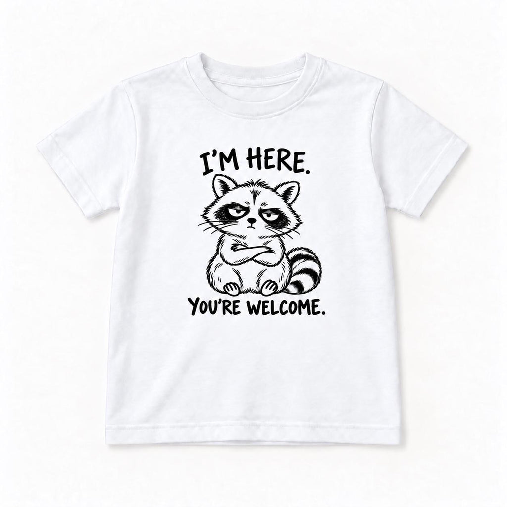 I'm Here You're Welcome Raccoon — garment mockup or size chart