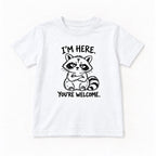 I'm Here You're Welcome Raccoon — garment mockup or size chart