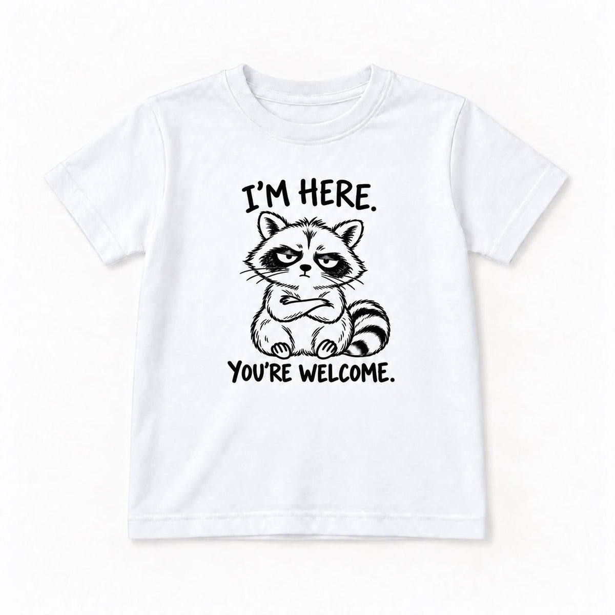 I'm Here You're Welcome Raccoon — garment mockup or size chart