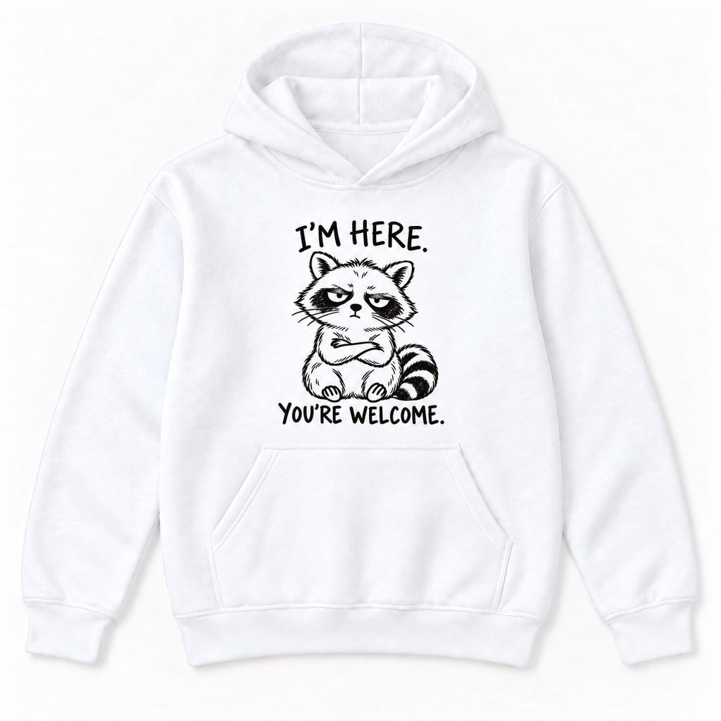 I'm Here You're Welcome Raccoon — garment mockup or size chart