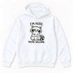 I'm Here You're Welcome Raccoon — garment mockup or size chart