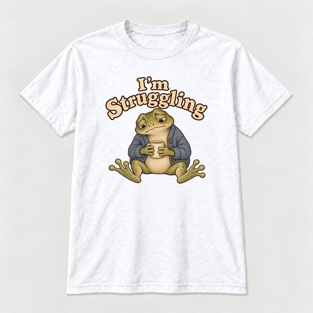I'm Struggling Blue Cardigan Frog with Mug — garment mockup or size chart