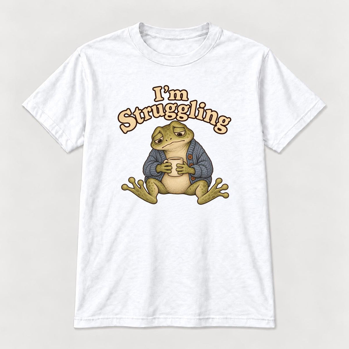 I'm Struggling Blue Cardigan Frog with Mug — garment mockup or size chart
