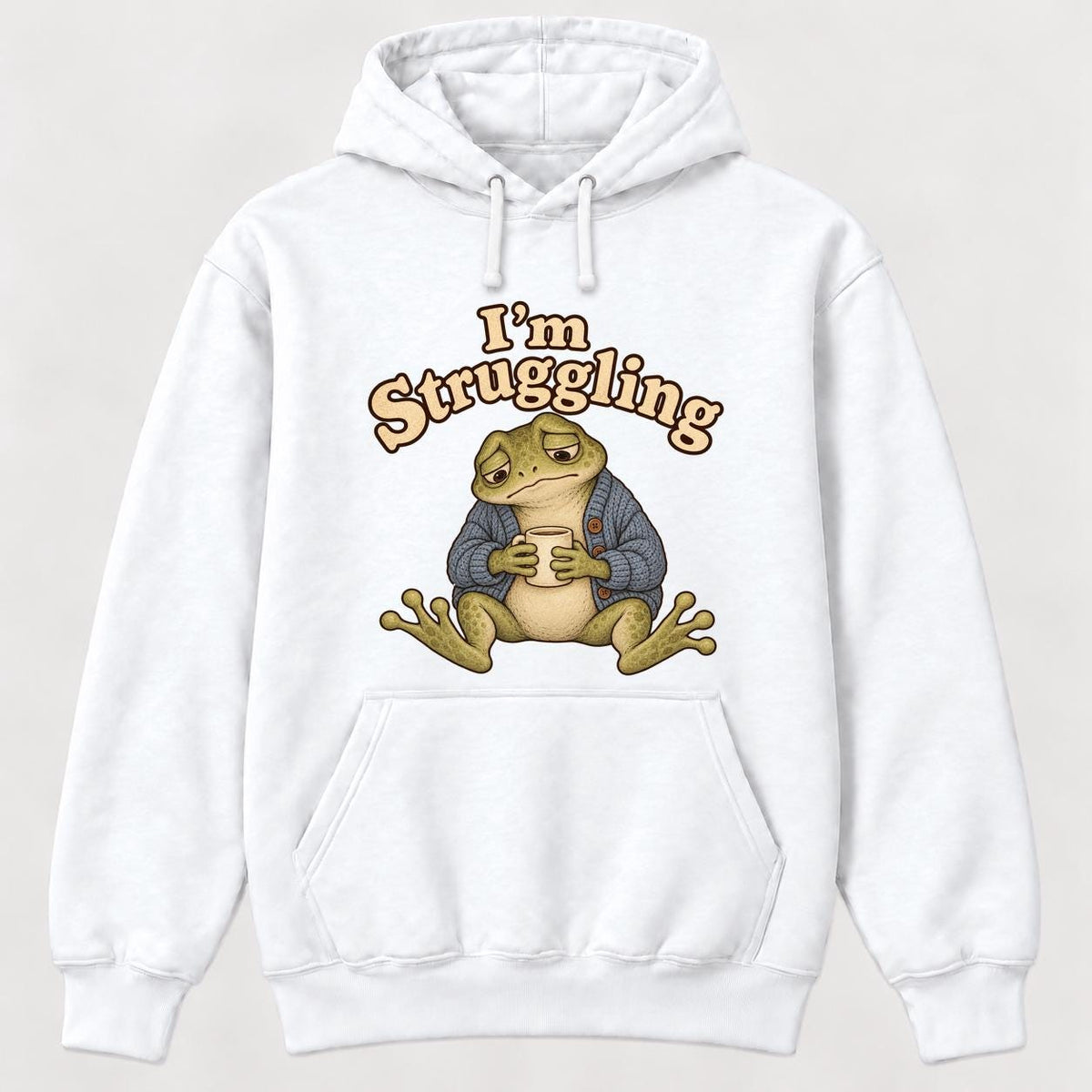 I'm Struggling Blue Cardigan Frog with Mug — garment mockup or size chart