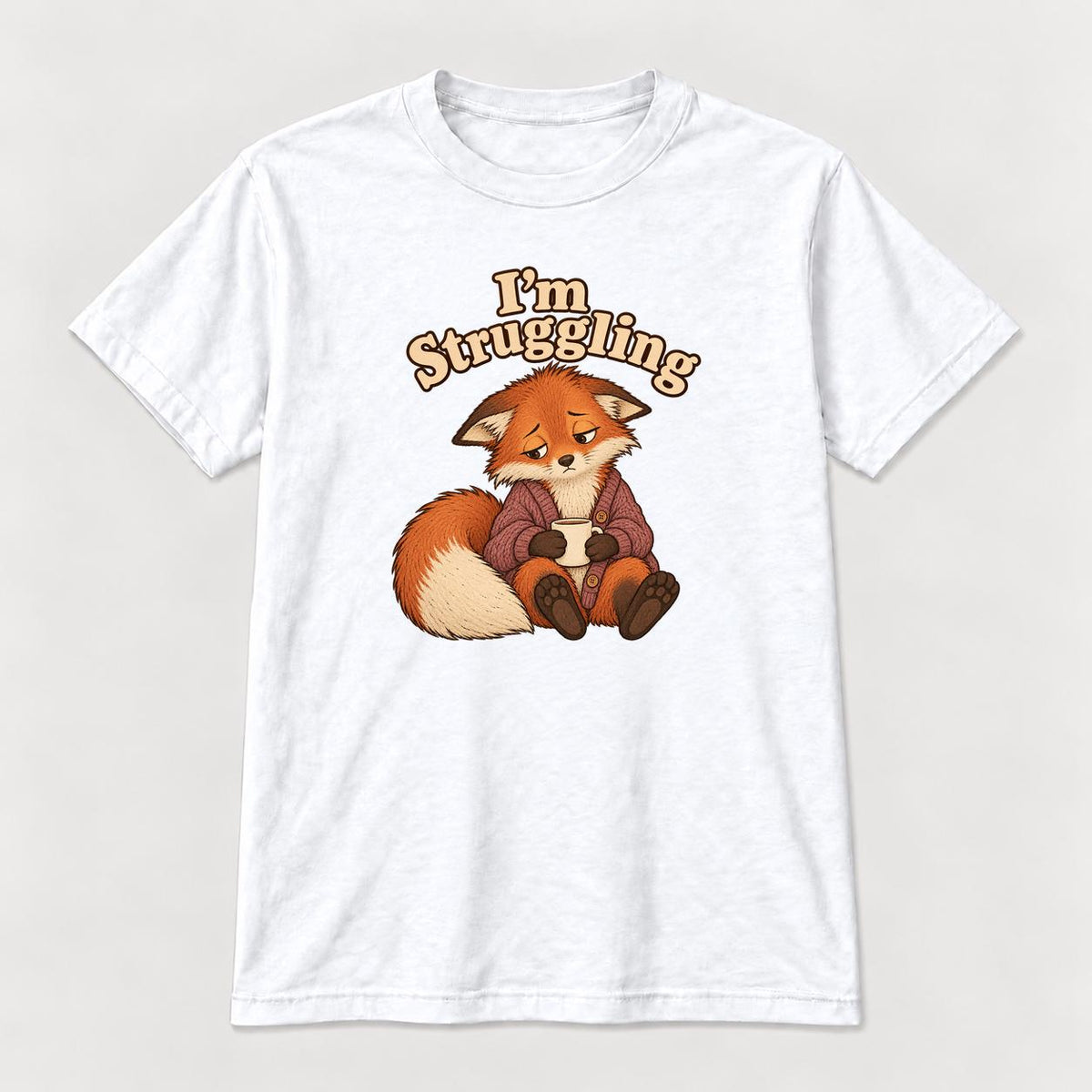 I'm Struggling Fox with Mug — garment mockup or size chart
