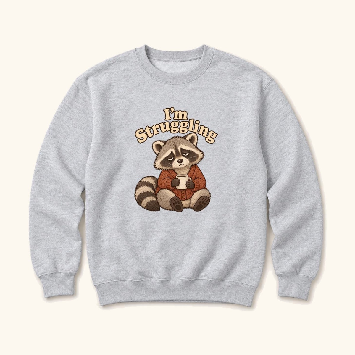 I'm Struggling Raccoon with Mug — garment mockup or size chart