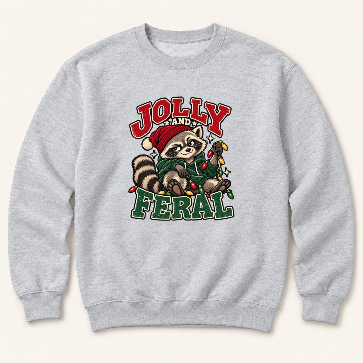 Jolly and Feral Raccoon Christmas Lights — garment mockup or size chart