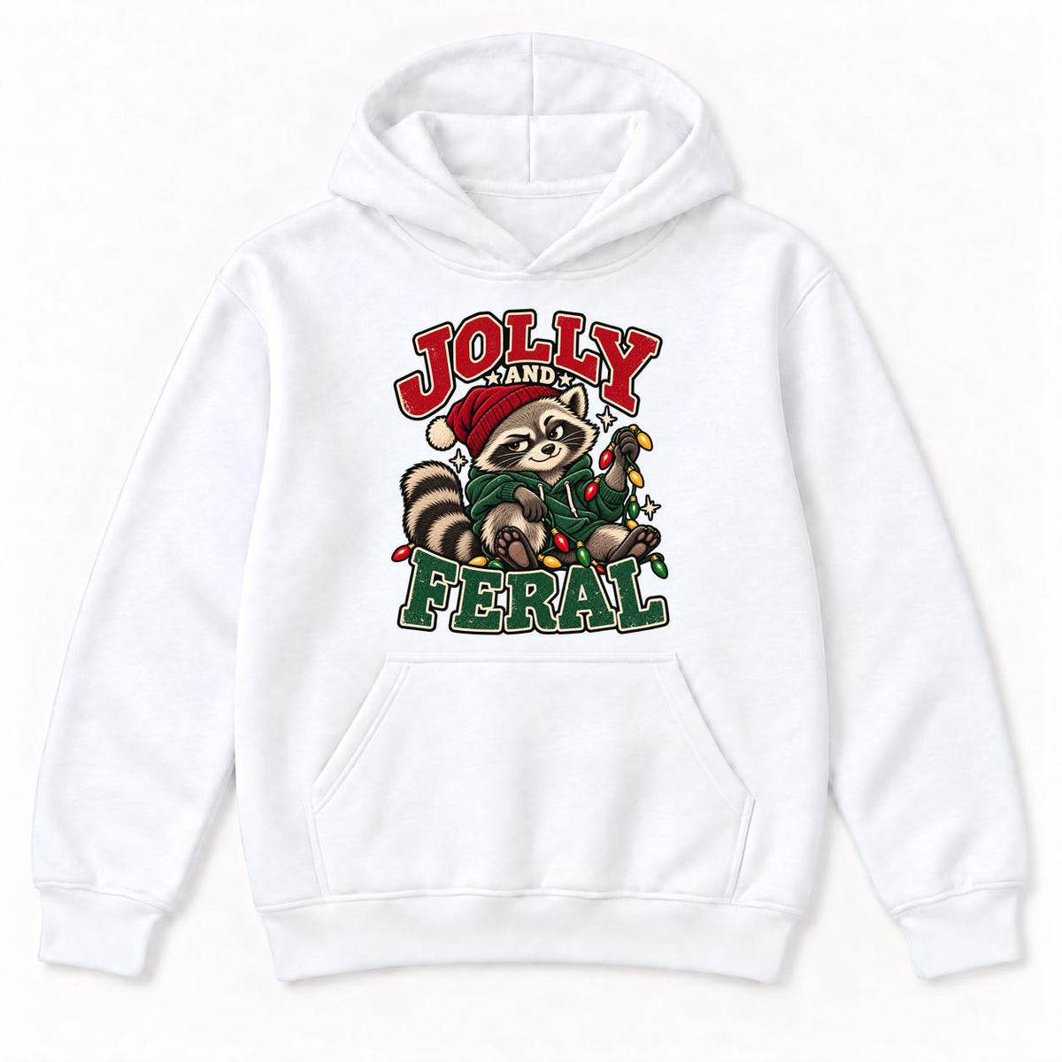 Jolly and Feral Raccoon Christmas Lights — garment mockup or size chart