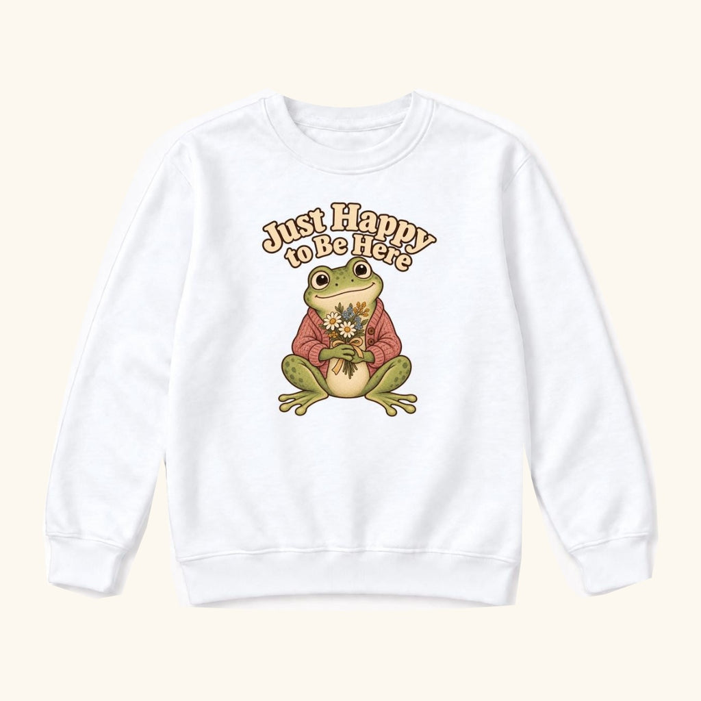 Just Happy to Be Here Frog with Flowers — garment mockup or size chart