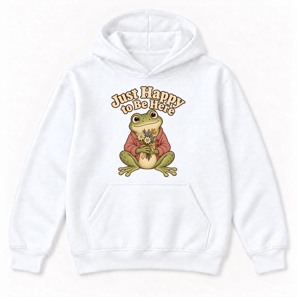 Just Happy to Be Here Frog with Flowers — garment mockup or size chart