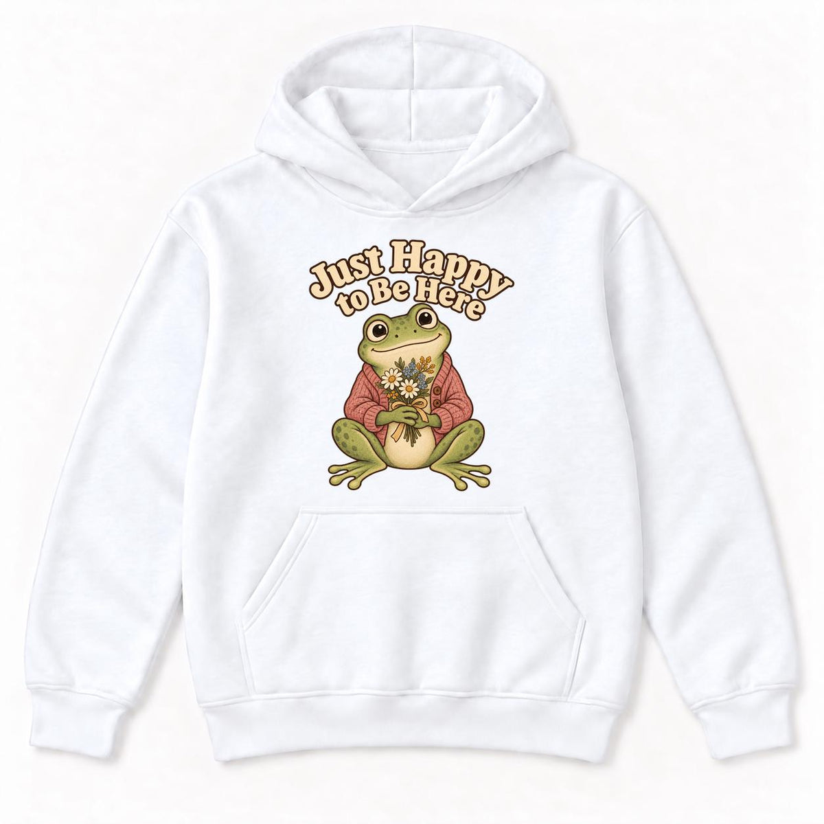 Just Happy to Be Here Frog with Flowers — garment mockup or size chart