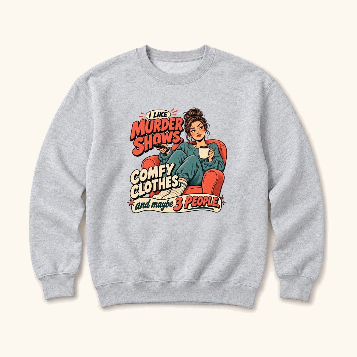 Murder Shows Comfy Clothes Retro Woman — garment mockup or size chart