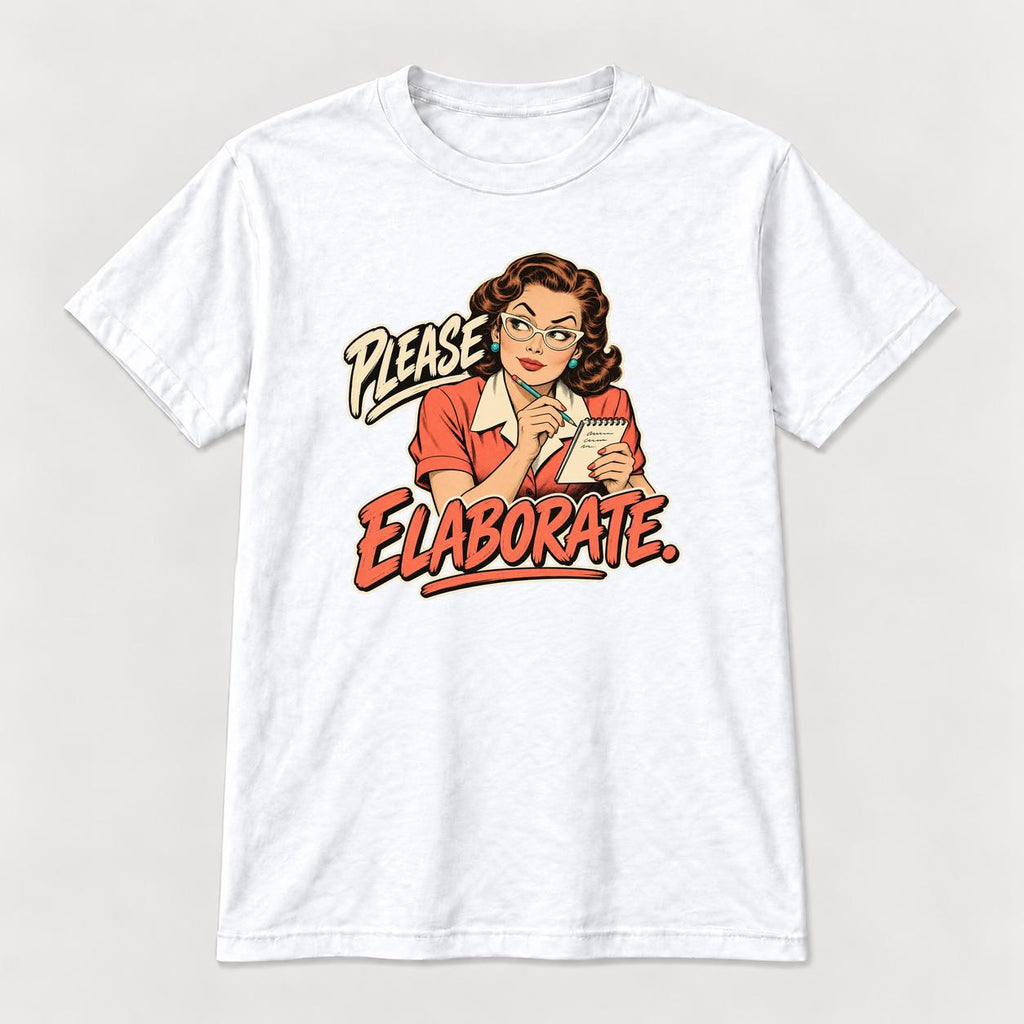 Please Elaborate Retro Comic Woman — garment mockup or size chart