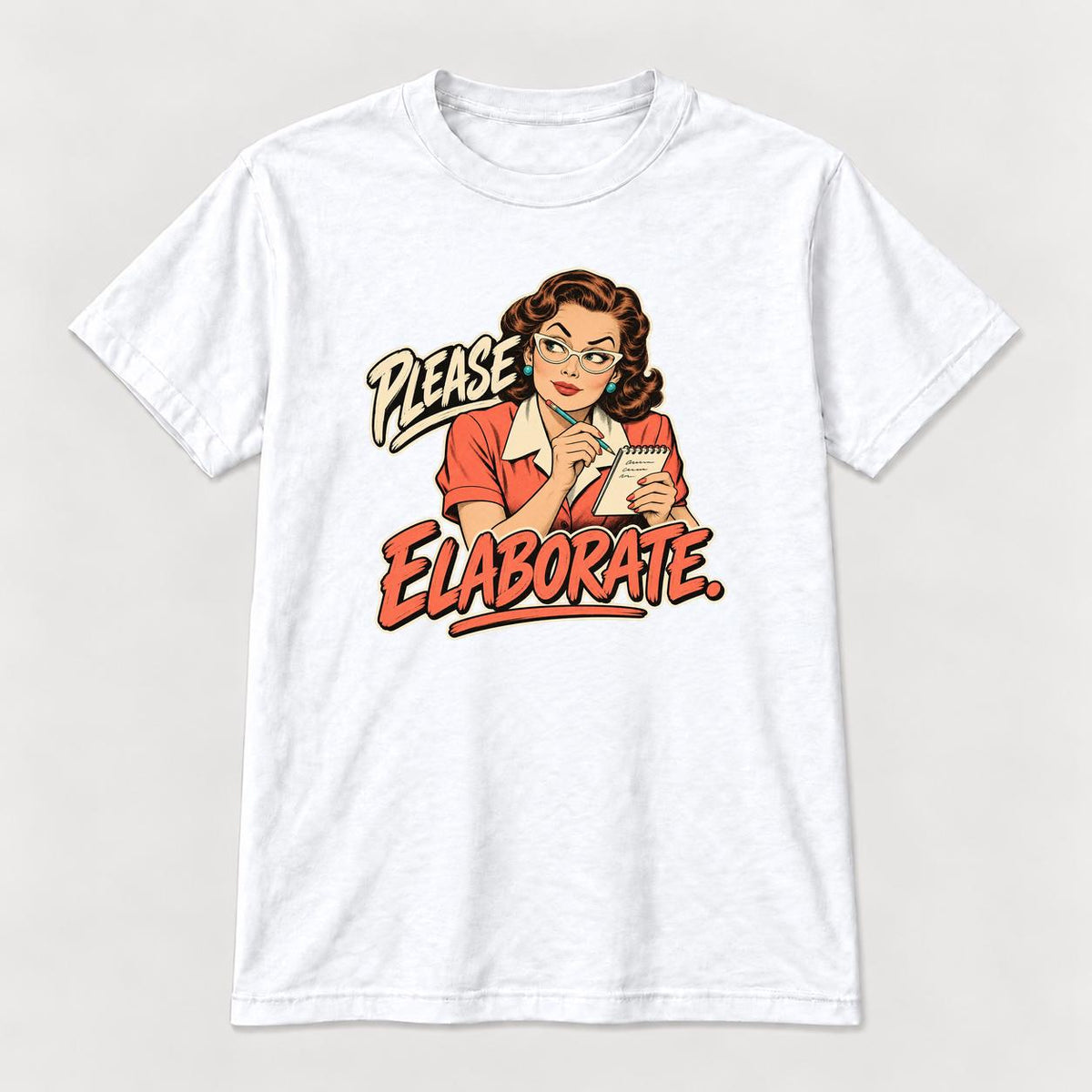 Please Elaborate Retro Comic Woman — garment mockup or size chart