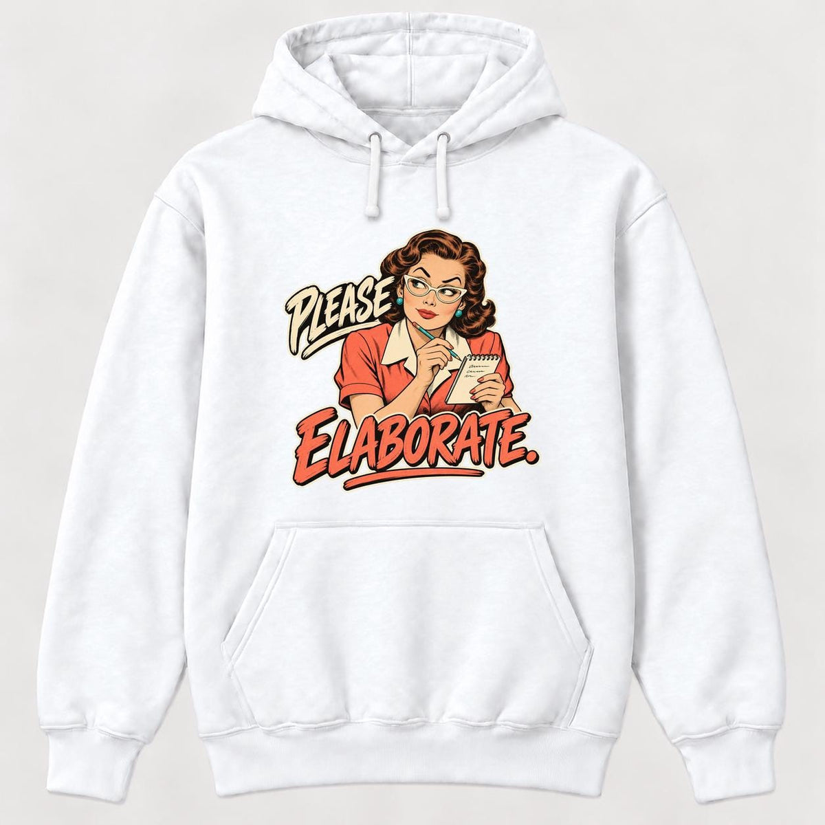 Please Elaborate Retro Comic Woman — garment mockup or size chart