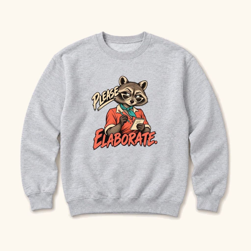 Please Elaborate Retro Comic Raccoon — garment mockup or size chart