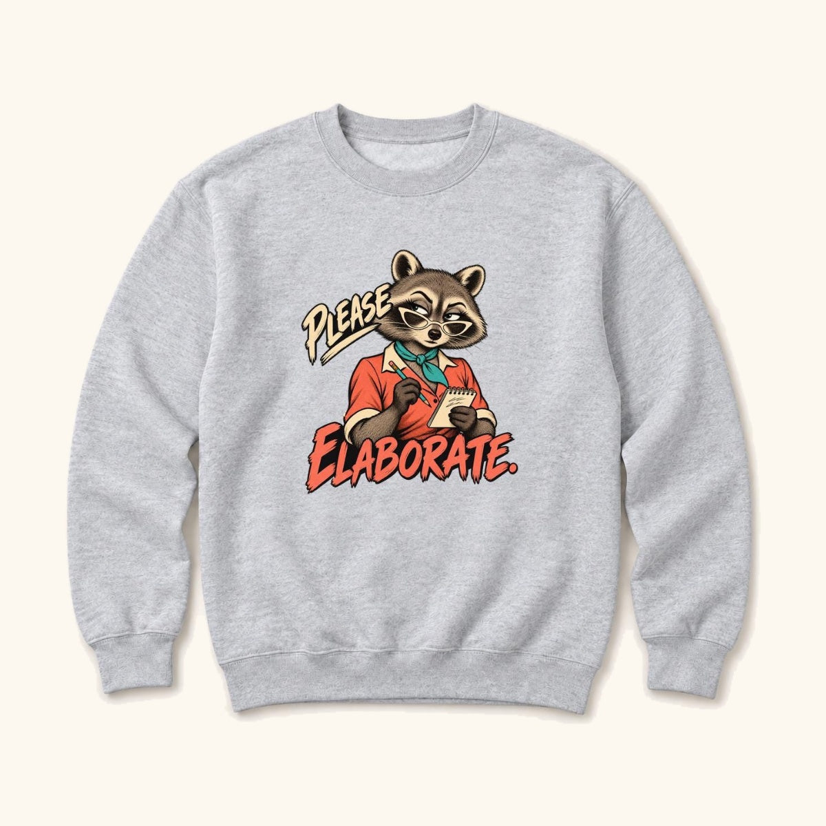 Please Elaborate Retro Comic Raccoon — garment mockup or size chart