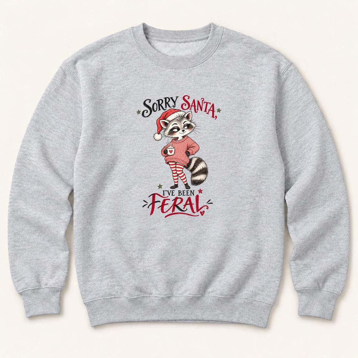Sorry Santa Ive Been Feral Blush Sweater Raccoon — garment mockup or size chart