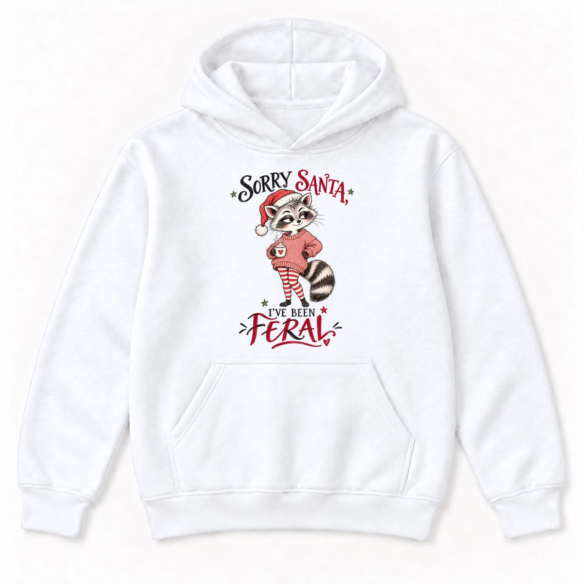 Sorry Santa Ive Been Feral Blush Sweater Raccoon — garment mockup or size chart