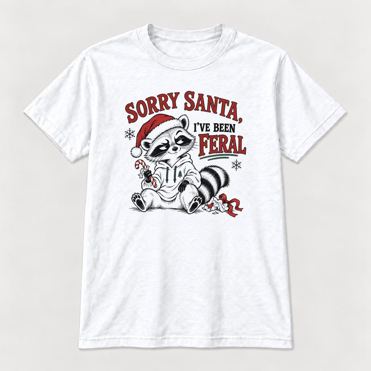 Sorry Santa Ive Been Feral Line Art Raccoon — garment mockup or size chart