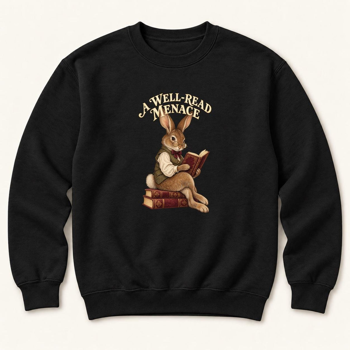A Well-Read Menace Storybook Reading Rabbit Black — garment mockup or size chart