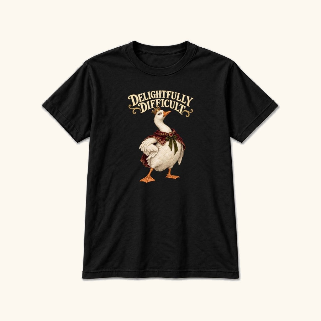 Delightfully Difficult Storybook Goose Black — garment mockup or size chart