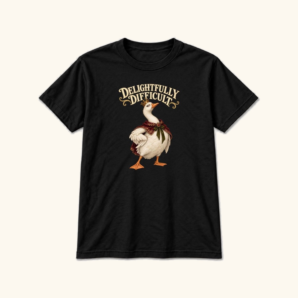 Delightfully Difficult Storybook Goose Black — garment mockup or size chart