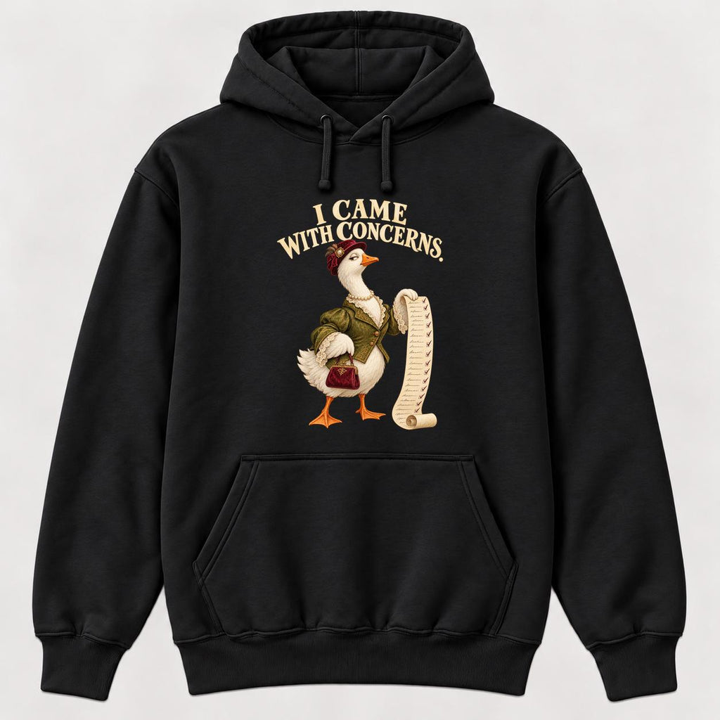 I Came With Concerns Storybook Goose Black — garment mockup or size chart