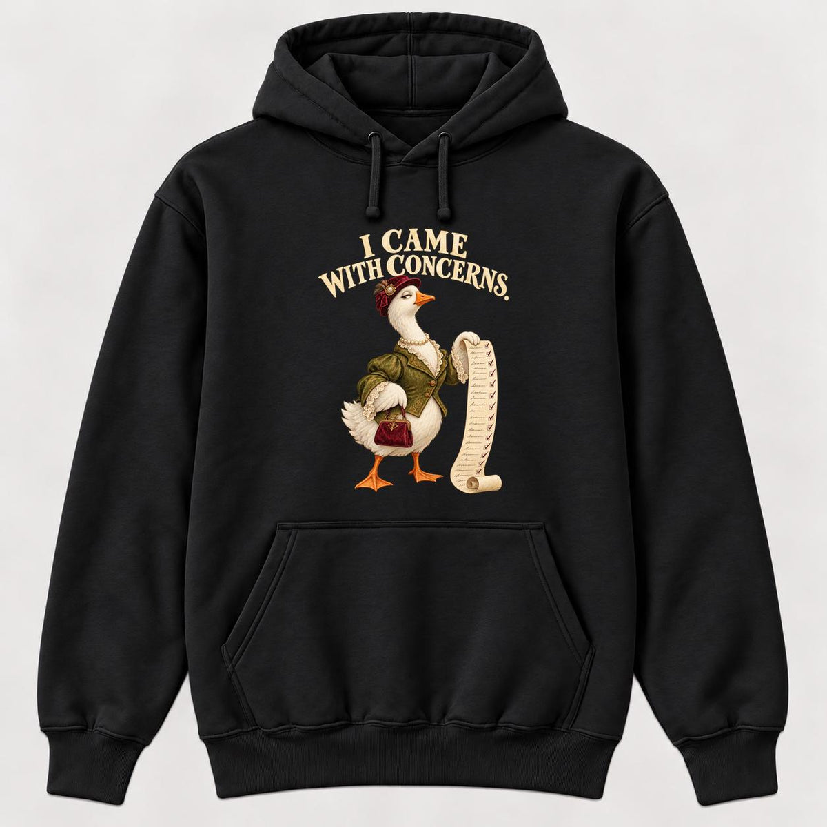 I Came With Concerns Storybook Goose Black — garment mockup or size chart