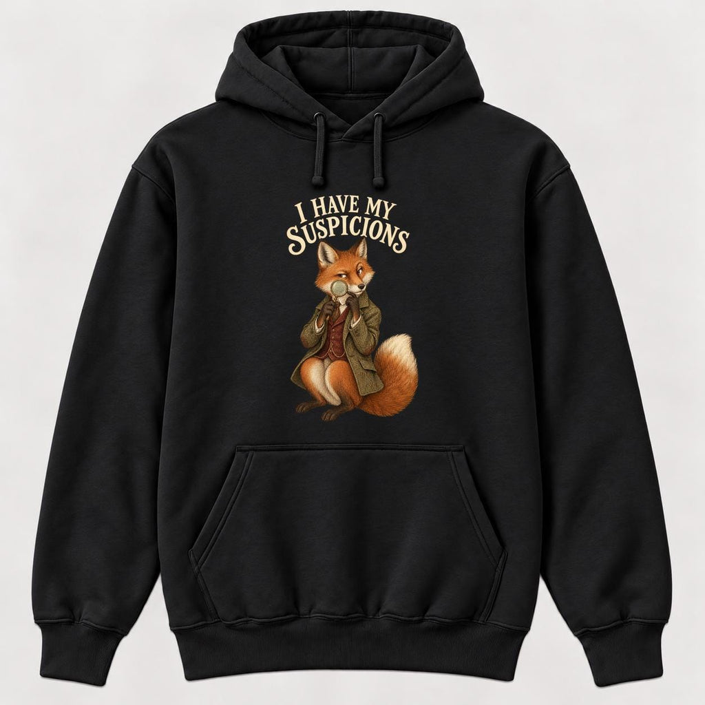 I Have My Suspicions Storybook Fox Black — garment mockup or size chart