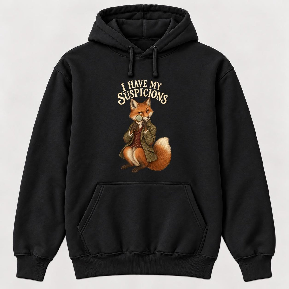 I Have My Suspicions Storybook Fox Black — garment mockup or size chart