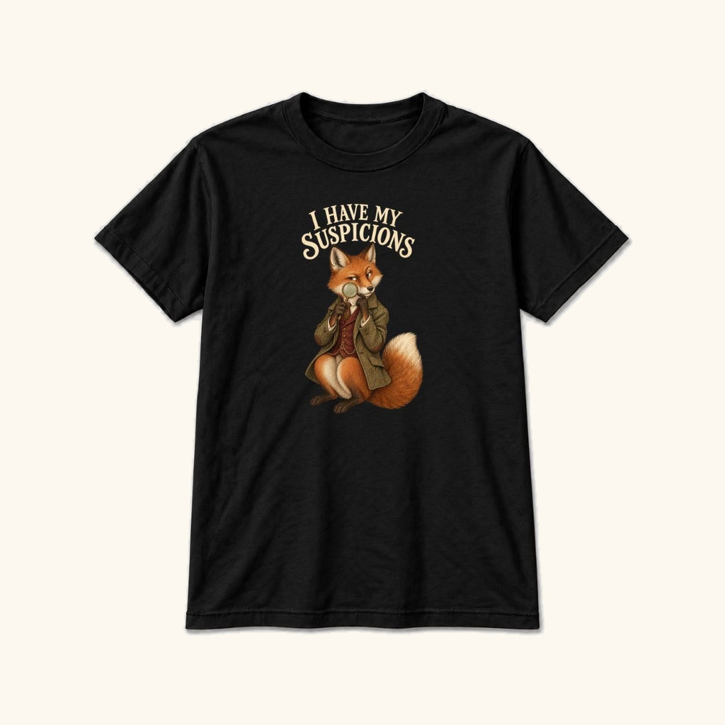 I Have My Suspicions Storybook Fox Black — garment mockup or size chart